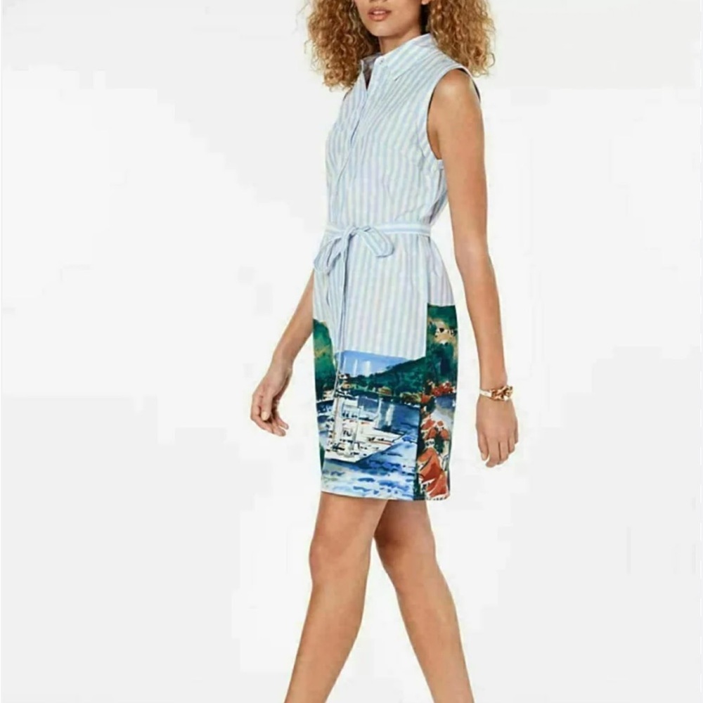 Tommy Hilfiger Women's Printed Hem Cotton Shirtdress Blue Size 8